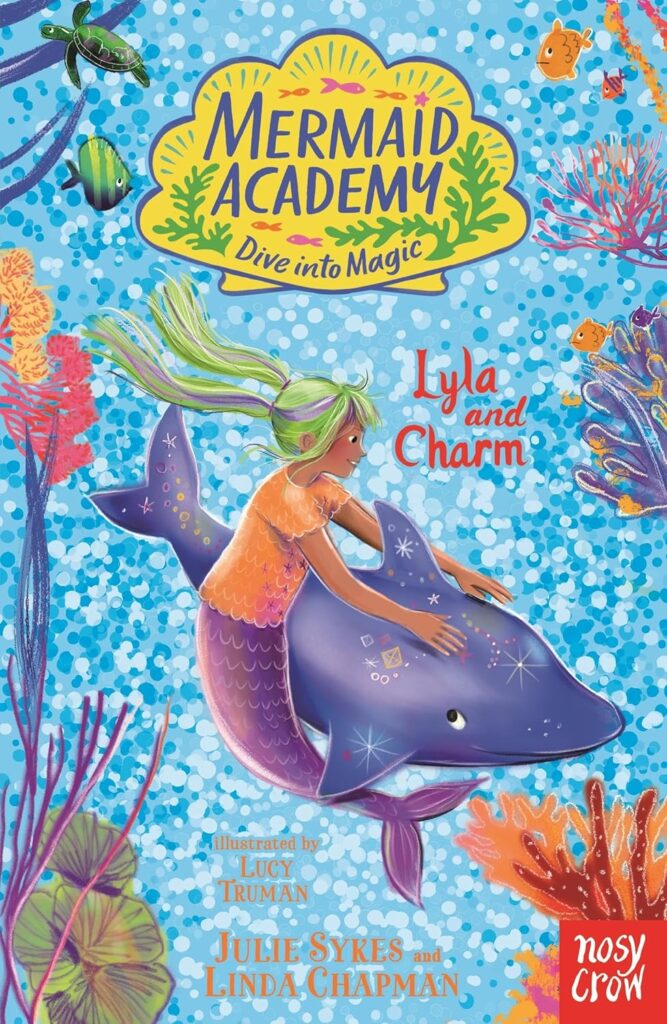 Mermaid Academy book cover for Lyla and Charm. Featuring Lyla the Mermaid who has a purple tail and green hair wearing a orange top, holding onto Charm the Dolphin. 